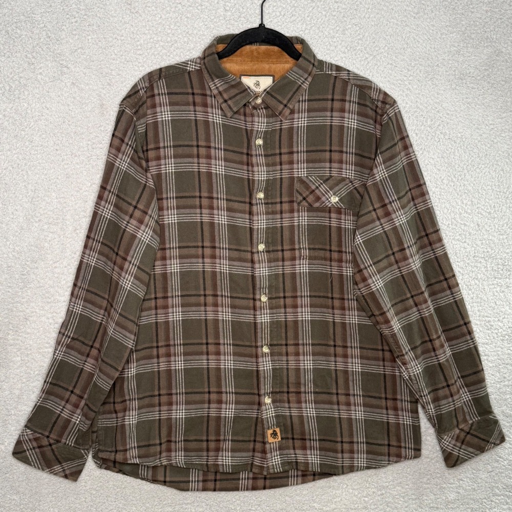 Legendary Whitetails Mens Flannel Shirt L Green Brown Plaid Corduroy Trim 6464